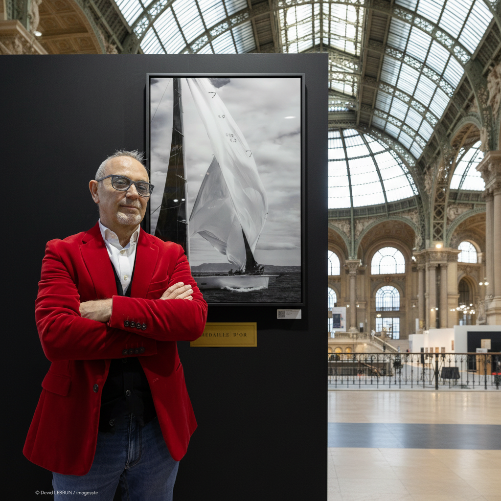 David LEBRUN photographié devant son oeuvre médaillée d'OR au Grand Palais de Paris en février 2026